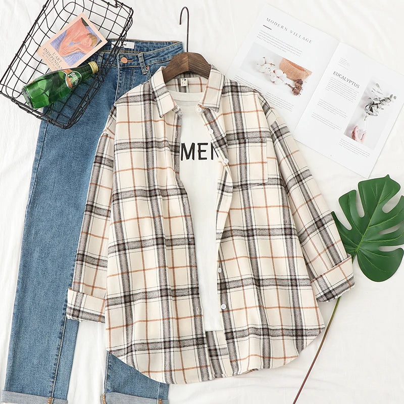 Fresh Flannel Plaid Shirt for Women | 2025 Loose Cotton Long Sleeve Casual Blouse & Top