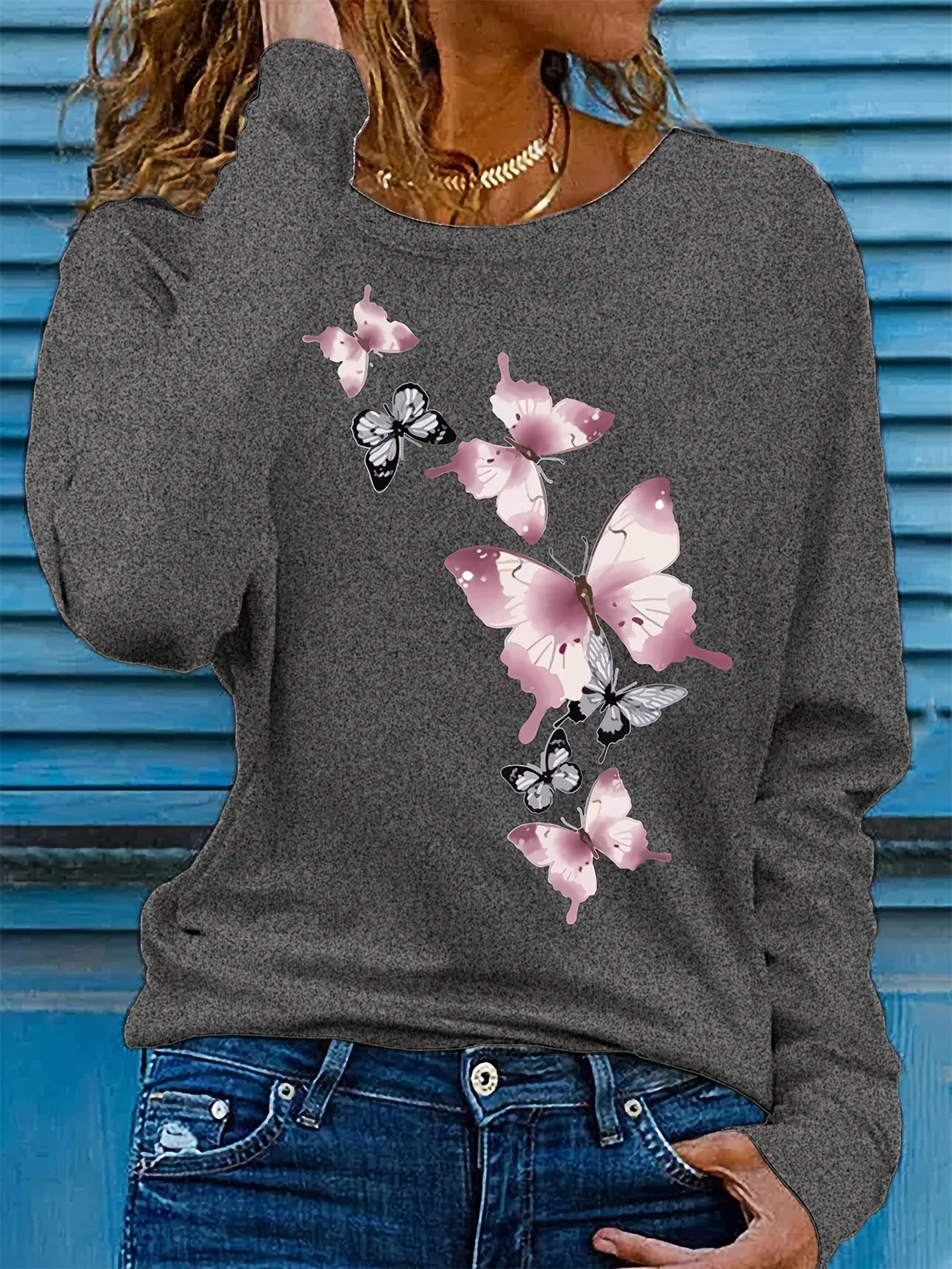 Women’s 100% Cotton Butterfly Print Long Sleeve T-Shirt | Casual Loose Round Neck Base Shirt for Spring & Autumn