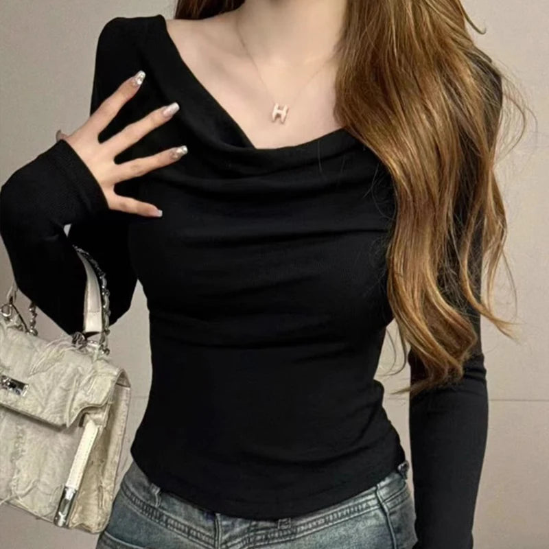 Spicy Girl One-Shoulder Long Sleeve T-Shirt for Women – Slim Fit Knitted Cotton Inner & Outer Wear Top | INS Youth Commute Style