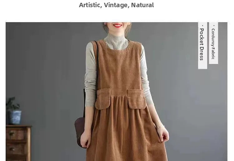 Artistic Corduroy Overall Dress for Women – H-Line Casual Wear, Medium Stretch Comfortable Autumn Season Single Piece