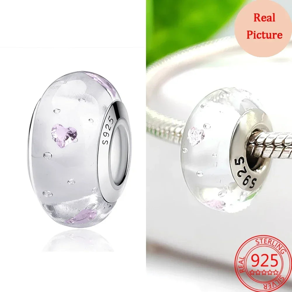 925 Sterling Silver Murano Glass Galaxy & Clover Heart Beads | Fit Pandora Bracelet DIY Jewelry Gift for Mum