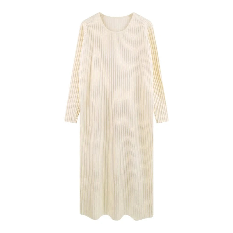 Plus Size Women’s Mid-Length Dress – Casual Round Neck Long Sleeve A-Line H-Line Skirt for Autumn Winter