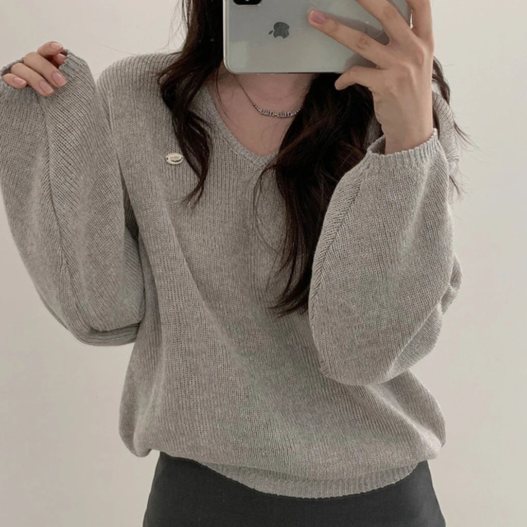 Loose Women’s Knitwear V-Neck Long Sleeve T-Shirt – Casual Comfortable Fashionable Autumn Top New Arrival