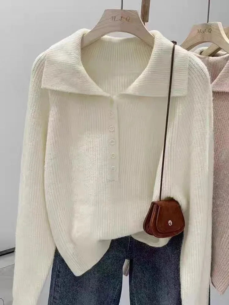 Pink Lazy Korean Style Big Collar Sweater – Women’s Autumn Winter Slim Soft Knitted Top | Sweet Loose Fit Versatile Knit