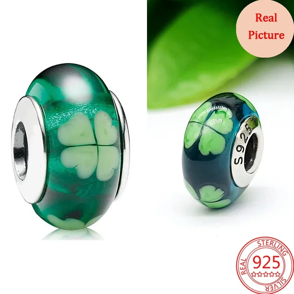 925 Sterling Silver Murano Glass Galaxy & Clover Heart Beads | Fit Pandora Bracelet DIY Jewelry Gift for Mum
