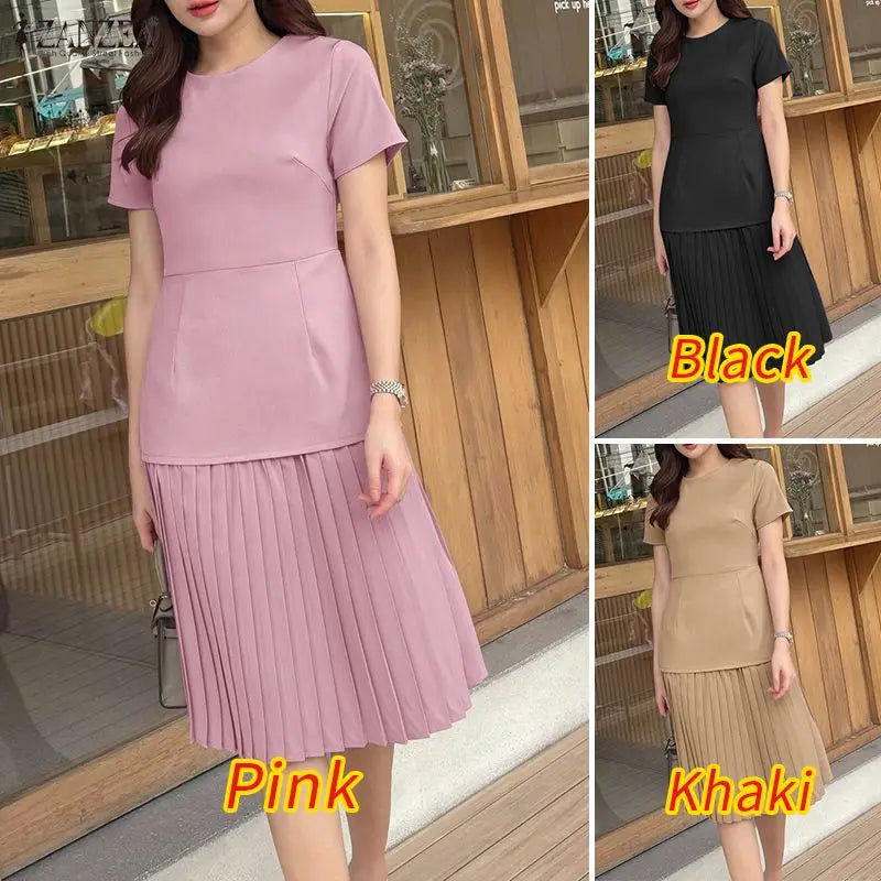 Women Pleated Dress 👗 Elegant O-Neck Short Sleeve Fitted Waist A-Line Knee-Length Dress 🌸 ZANZEA Fashion