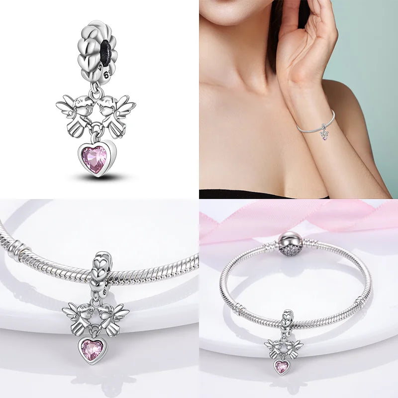 Hot Bible Cross Pink Zircon Charm – 925 Sterling Silver DIY Bracelet for Women