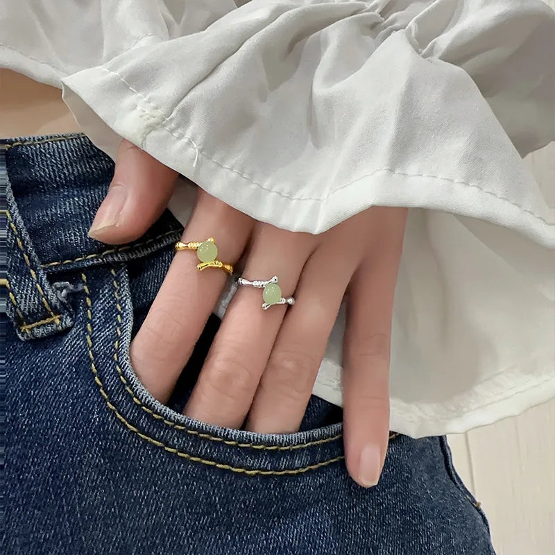 PANJBJ 925 Sterling Silver Hotan Jade Geometric Adjustable Ring | Retro Delicate Jewelry Gift for Women