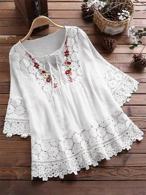 Summer Women Casual V-Neck Blouse – Cotton & Linen Lace Flower Loose Top 🌸☀️
