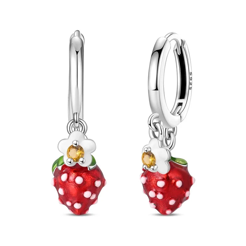 Original 925 Sterling Silver Fruit Series Earrings | Cherry & Strawberry Zircon Hoop Studs for Women Girls Party Jewelry