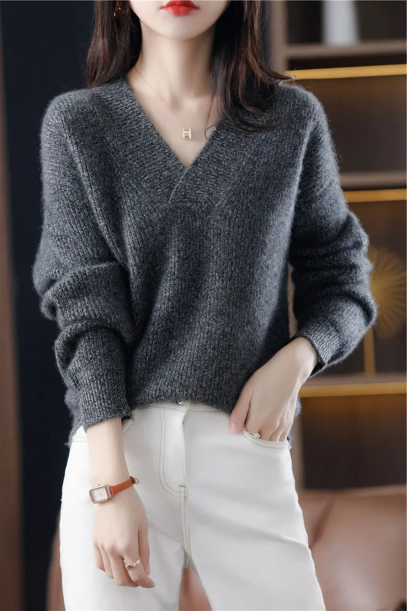 Autumn Winter Women’s V-Neck Knit Sweater – Solid Loose Pullover Soft Warm Casual Top