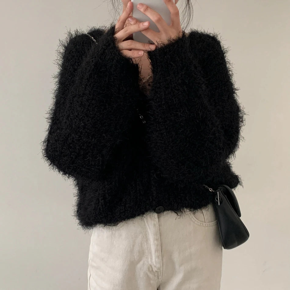 Chic V-Neck Knitted Sweater Coat for Women 🧥✨ Faux Fur Lazy Style Cardigan 💖 Autumn Winter Fashion Outerwear