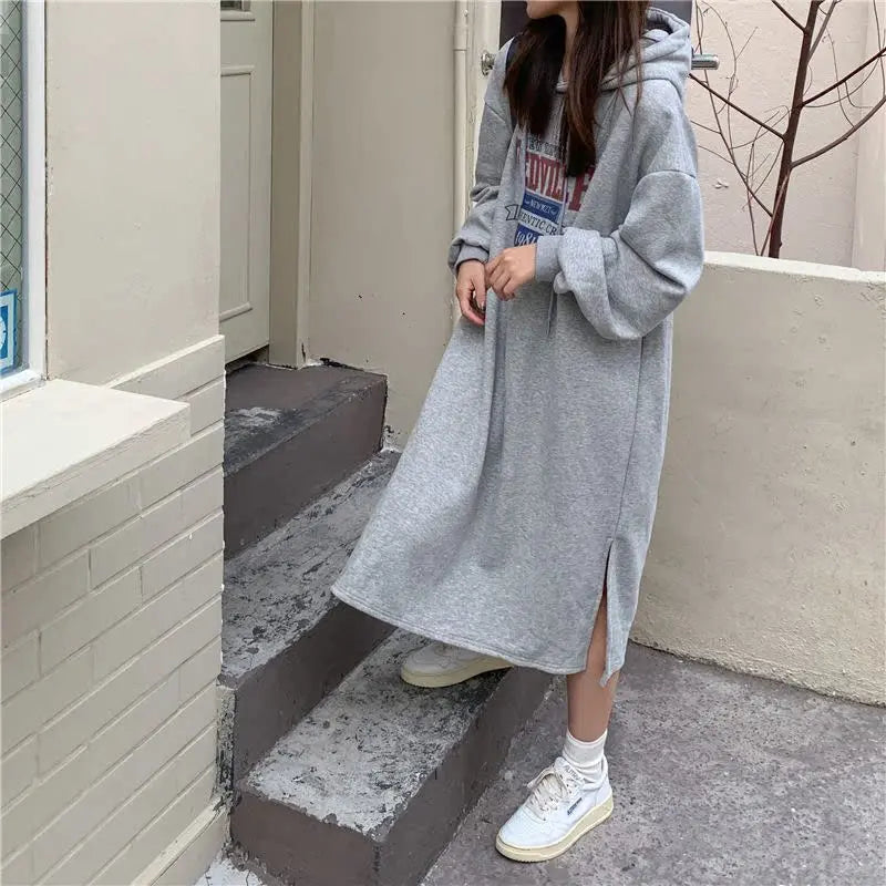 Winter Thiened Fleece Sweatshirt Dress – Printed Midi Skirt Hoodie Dress, Lazy Long Sleeve Outerwear for Young Women