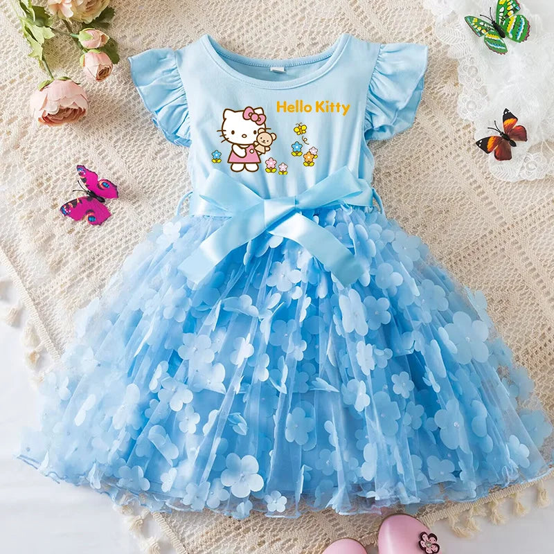 Hello Kitty Girls Tulle Flower Princess Dress | Wedding & Party Tutu Dress | Sleeveless Birthday Gift Outfit