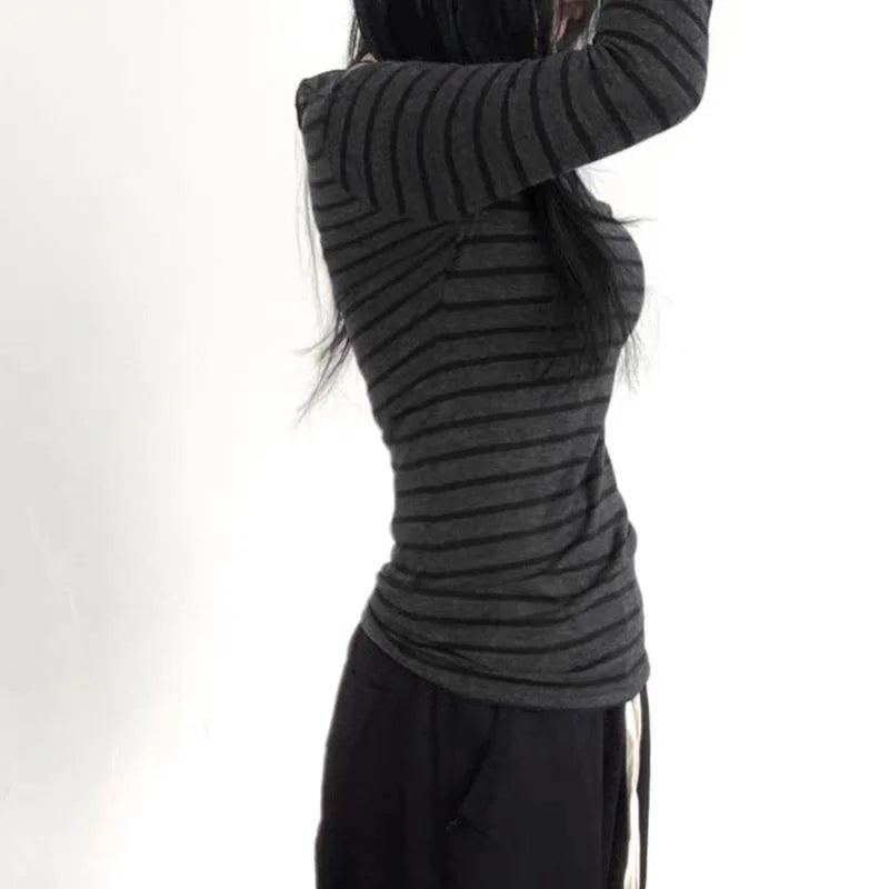 Y2K Grunge Emo Vintage Striped Off Shoulder Long Sleeve Top for Women – Black Grey Retro Goth Tee
