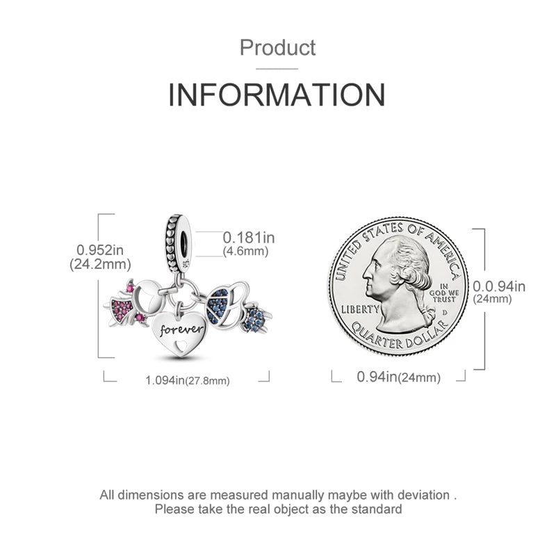 Original 925 Sterling Silver Girls Charms | Love Heart & Family Bead Pendant for Bracelets, Women’s Jewelry Gift