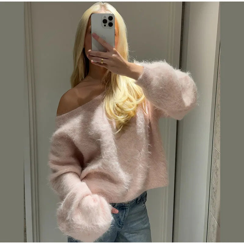 Women’s Off-Shoulder Mohair Sweater | Elegant Loose Knit Pullover for Autumn Fashion 2025