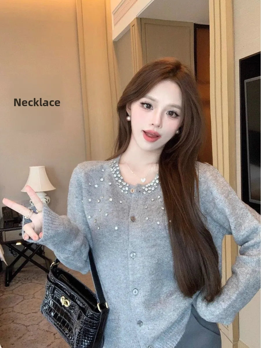 Heavy-Embroidered Diamond Women’s Sweater Cardigan – Soft Cozy Round Neck High-End Outerwear