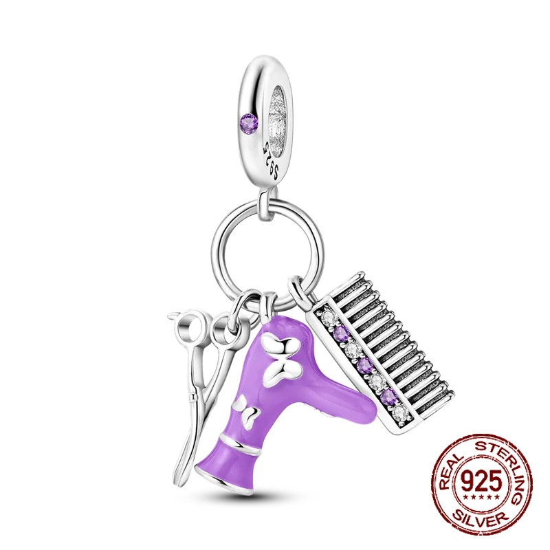 925 Sterling Silver Purple Flower & Butterfly Dangle Charm | Bead for 4MM Bracelet or Necklace DIY Jewelry Gift