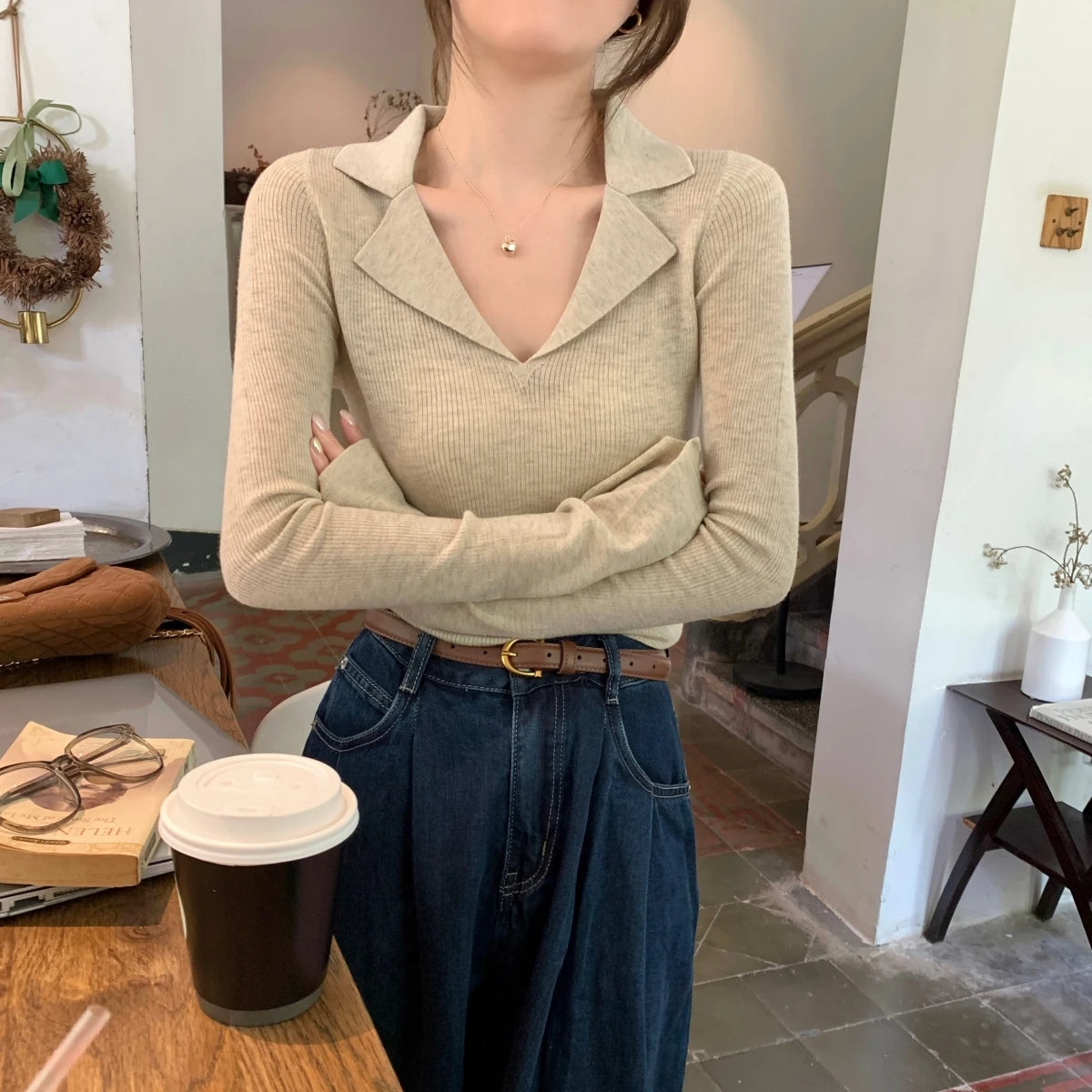 French Style Knitted Long Sleeve V-Neck Collar Sweater – Women’s Winter Base Layer Top | Stretchy Fit for Young Women