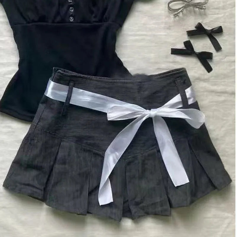 Punk Y2K Gothic Mini Skirt | Women's High Waist Lace Bow Skirt | Grunge Emo Aesthetic 2000s Fashion