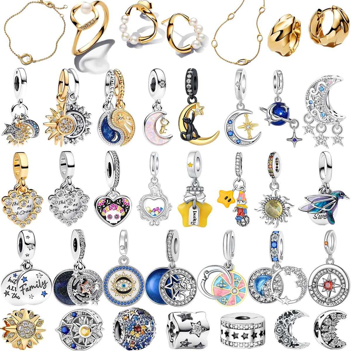 925 Sterling Silver Stars, Moon, Sun & Flower Dangle Earrings – DIY Bracelet Charms