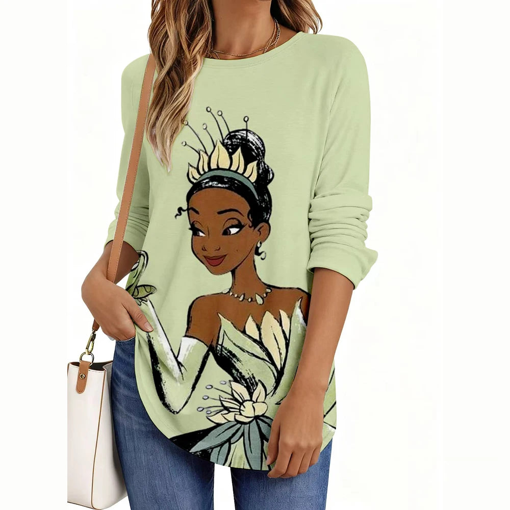 Disney Princess Print Women’s Long Sleeve Shirt – Casual Weekend Holiday Loose Elegant Top 👑✨