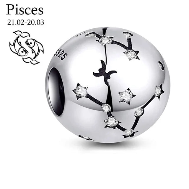 New 925 Sterling Silver Zodiac Constellation Beads | Round Pendant Charms for Women’s Bracelets & DIY Jewelry