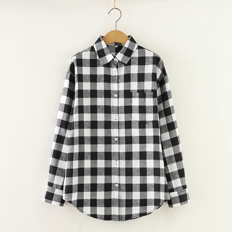 Fresh Flannel Plaid Shirt for Women | 2025 Loose Cotton Long Sleeve Casual Blouse & Top