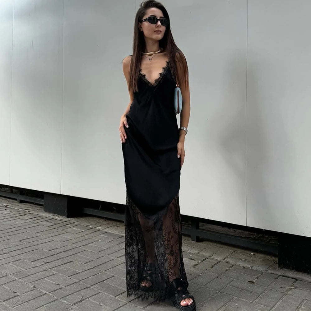 Tuularose Fashion V-Neck Lace Dress – Summer Women’s Backless See-Through Patchwork Party & Evening Dress