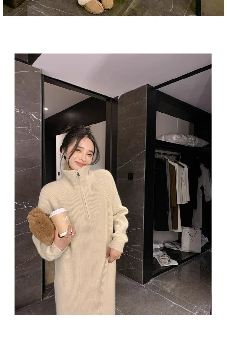 2025 Spring Autumn Knitted Midi Dress for Women | Long Sleeve Loose Fit Base Layer Straight Cut Polyester Dress