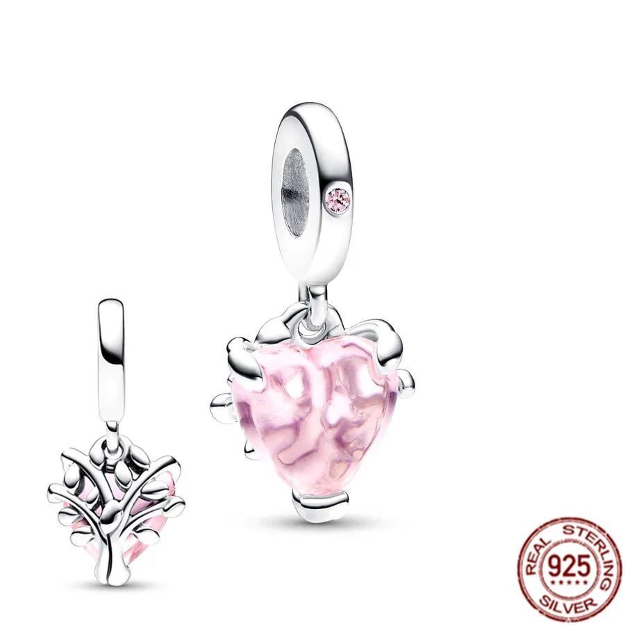 Romantic Pink Flowers 925 Sterling Silver Charms | Bag Lipstick Heart Bow Rose Bead Fit Original Bracelet DIY Jewelry Gift