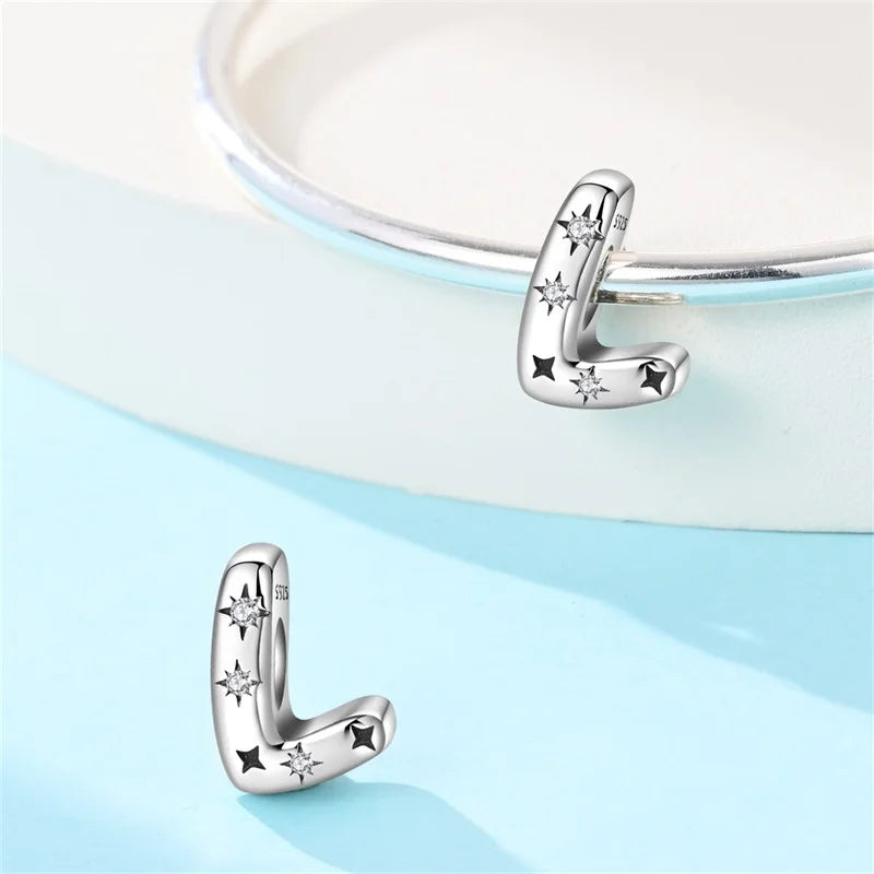 Classic 925 Sterling Silver A–Z Alphabet Charms | Letter Beads with Stars Fit Original Bracelet DIY Jewelry for Women