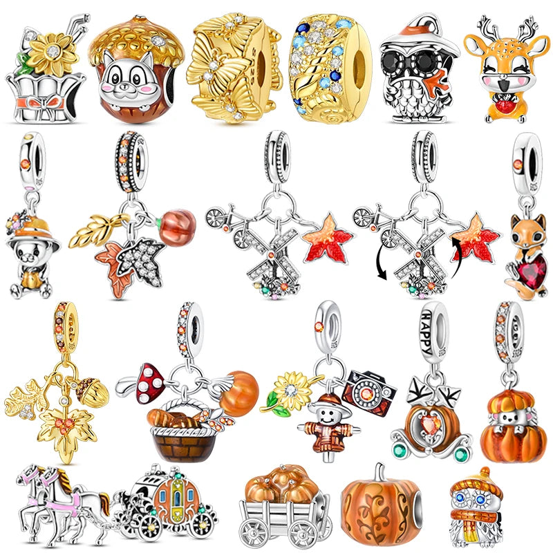 925 Sterling Silver Golden Autumn Charms | Maple Leaf & Pumpkin Beads Fit Original Bracelet DIY Jewelry Gift