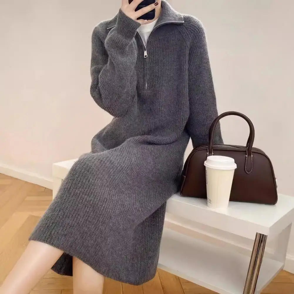 Winter Sweater Midi Dress – Zipper Turn-Down Collar, Long Sleeve Loose Knitted Dress with Striped Texture | Pure Color Warm Dress
