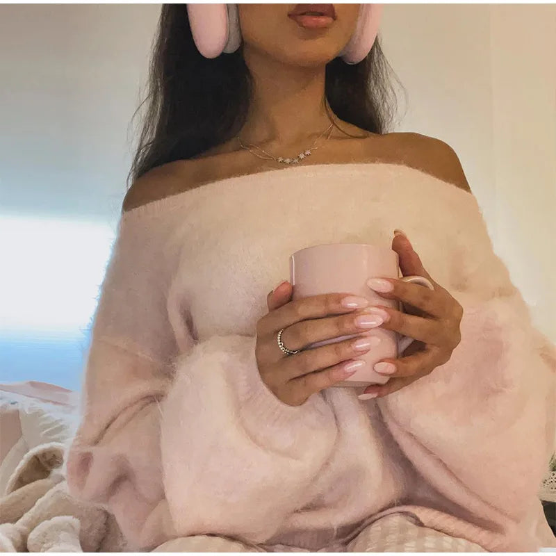Women’s Off-Shoulder Mohair Sweater | Elegant Loose Knit Pullover for Autumn Fashion 2025