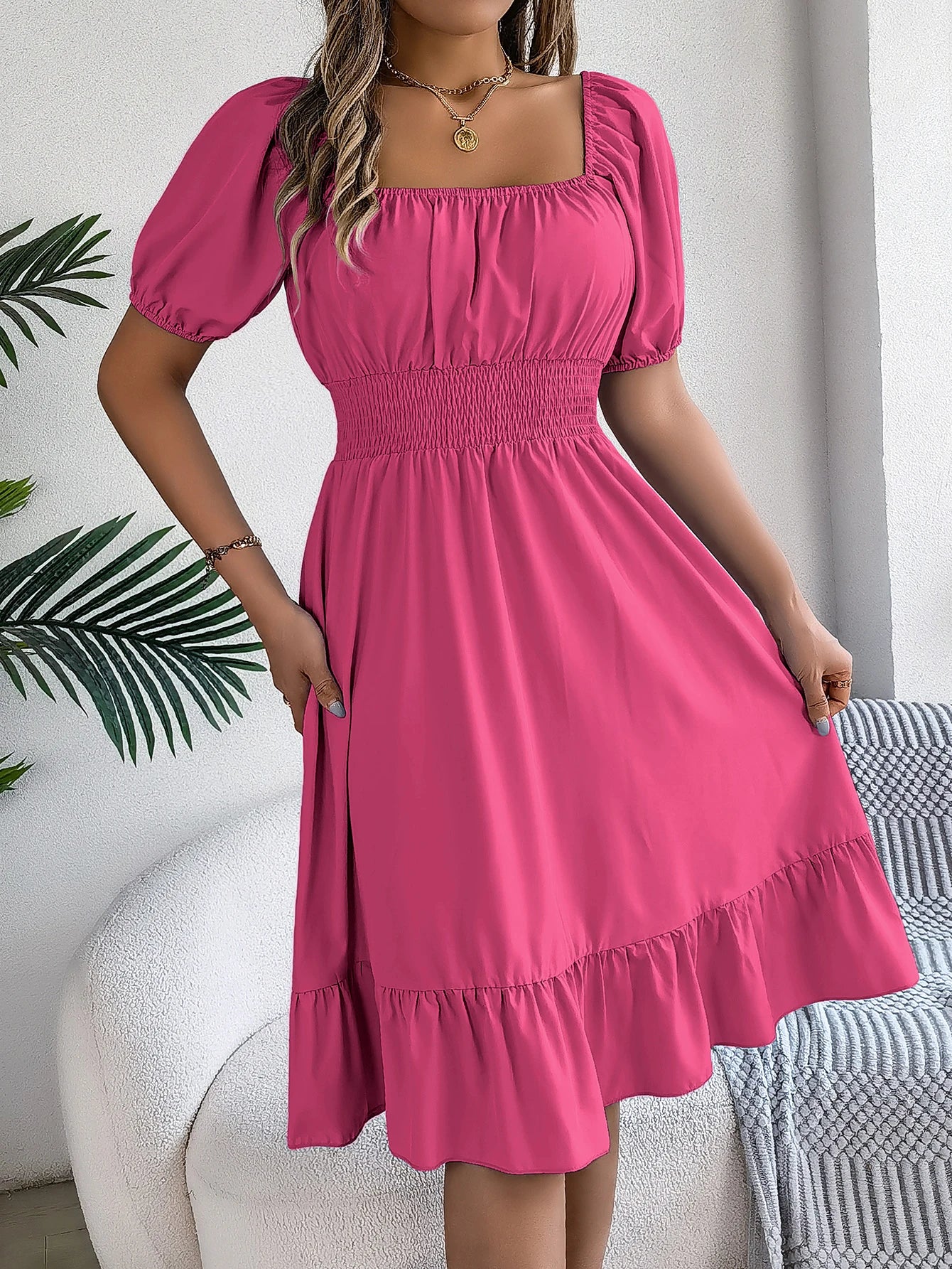 2026 Women’s Elegant High-Waisted Dress – Square Neck, Short Sleeve, Ruffled Edge Long Dress | Spring Summer Valentine’s Day