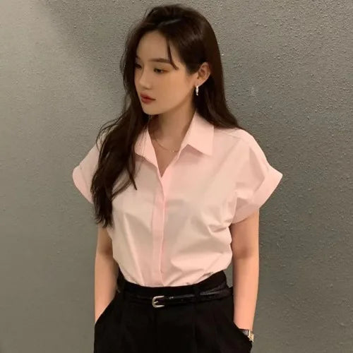 Chic Summer Loose Women’s Shirt | Classic Pure Color Professional Blouse with Small Lapel Collar