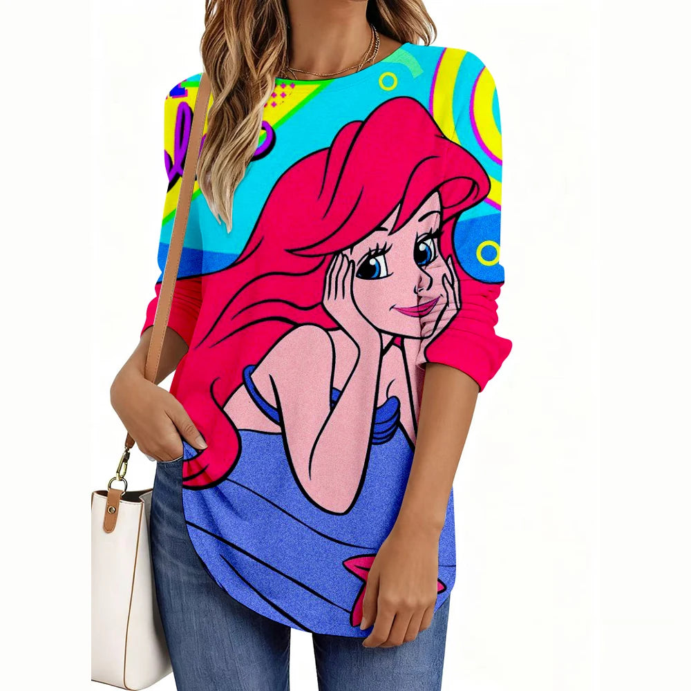 Disney Princess Print Women’s Long Sleeve Shirt – Casual Weekend Holiday Loose Elegant Top 👑✨