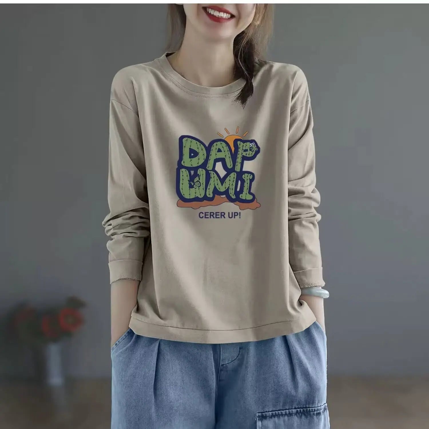 100% Cotton Long Sleeve T-Shirt | Women’s Casual Loose Slimming Top | Autumn Round Neck Fashionable Tee