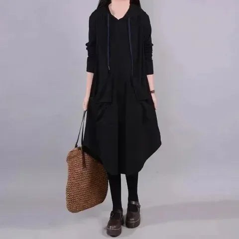 Artistic Loose Midi Dress for Plus Size Women | Autumn Hooded Long Sleeve Polyester Fiber Dress | Casual Commute Fashionable