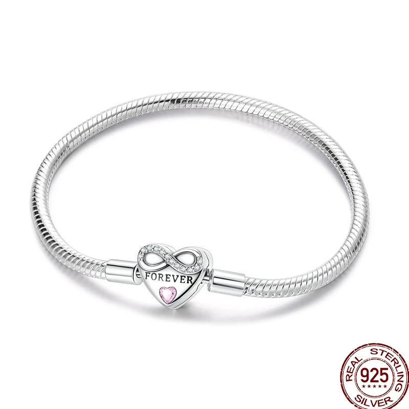 925 Sterling Silver Heart Moon Sun Clasp Charm Bracelet | 17–20CM Original Bracelet for Women | Fits Pandora DIY Beads Jewelry