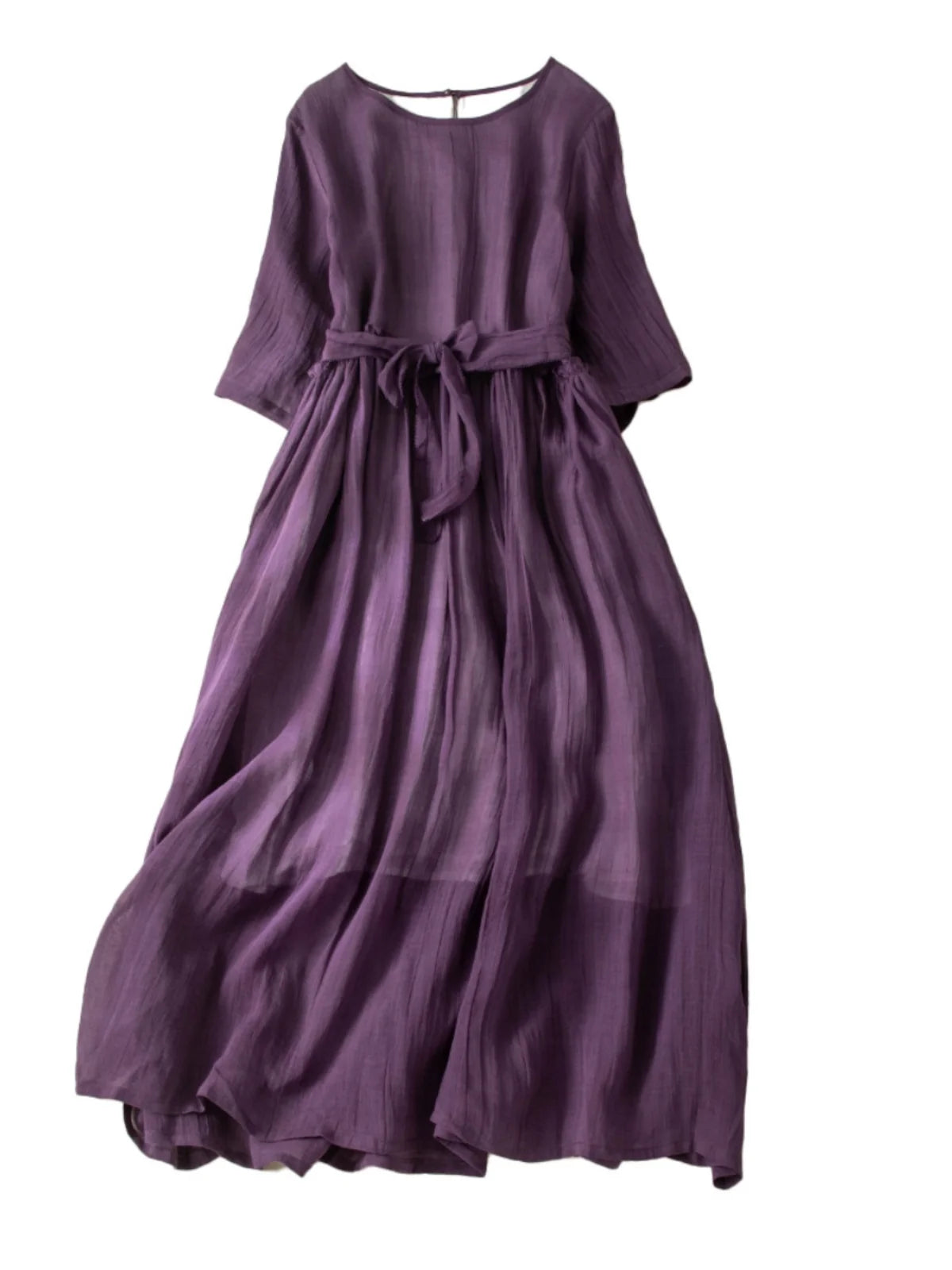 Women’s Summer Lightweight Cotton Dress – Long Sleeve Loose Waist A-Line Retro Dress with Belted Splice