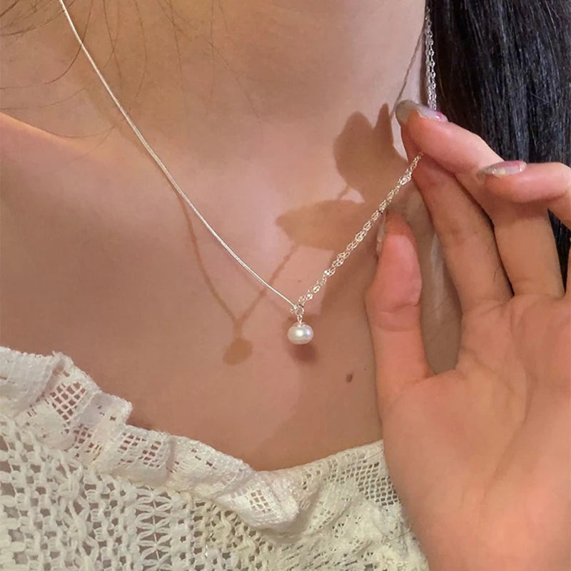 Trendy 925 Sterling Silver Pearl Pendant Necklace – Simple Elegant Jewelry for Women