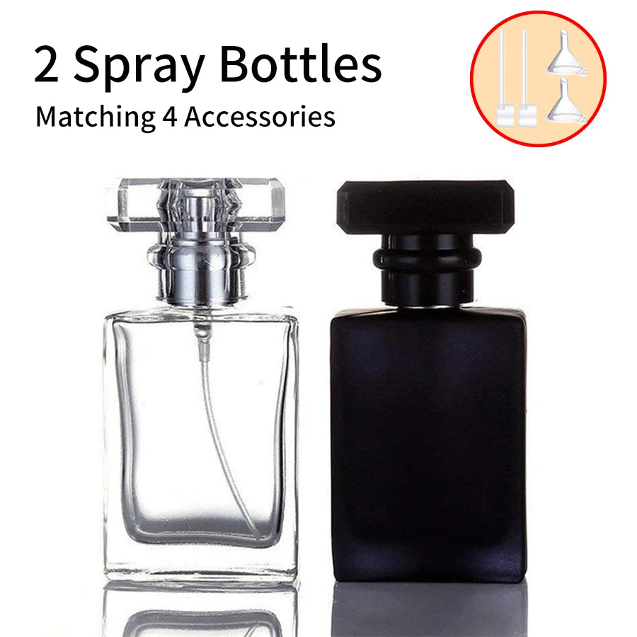2PCS 30ML Refillable Flint Glass Perfume Bottles – Clear & Black with Spray Bottles, Funnels & Dispensing Divas