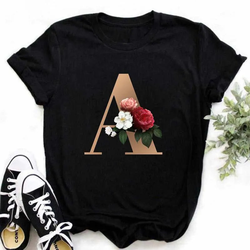 A B C D E English Alphabet T-Shirt | Women’s Harajuku Summer Casual Black Top