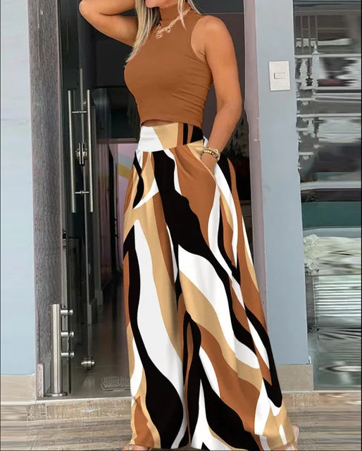 2025 Summer Fashion Printed Two Piece Set Women – Sleeveless Tank Top & Wide Leg Pants 🌞👚👖