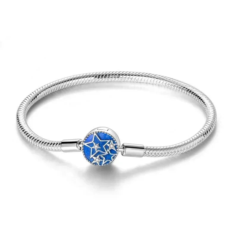 925 Sterling Silver Heart & Star Moon Bracelet | Pave Zirconia Snake Chain, Cat Claw Love Bangle for DIY Jewelry