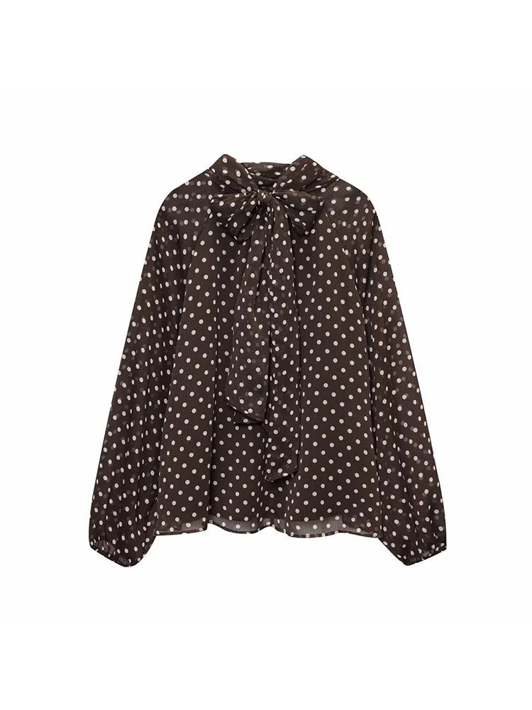 Women’s Long Sleeve Bow Collar Blouse – Elegant Dot Print Shirt Tops 👚✨