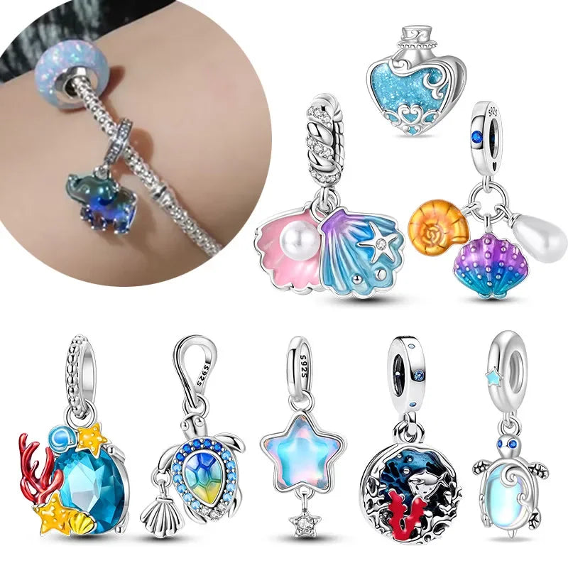S925 Sterling Silver Ocean Series Star & Sea Turtle Shell Charm – Fits Pandora Bracelet DIY Jewelry for Women